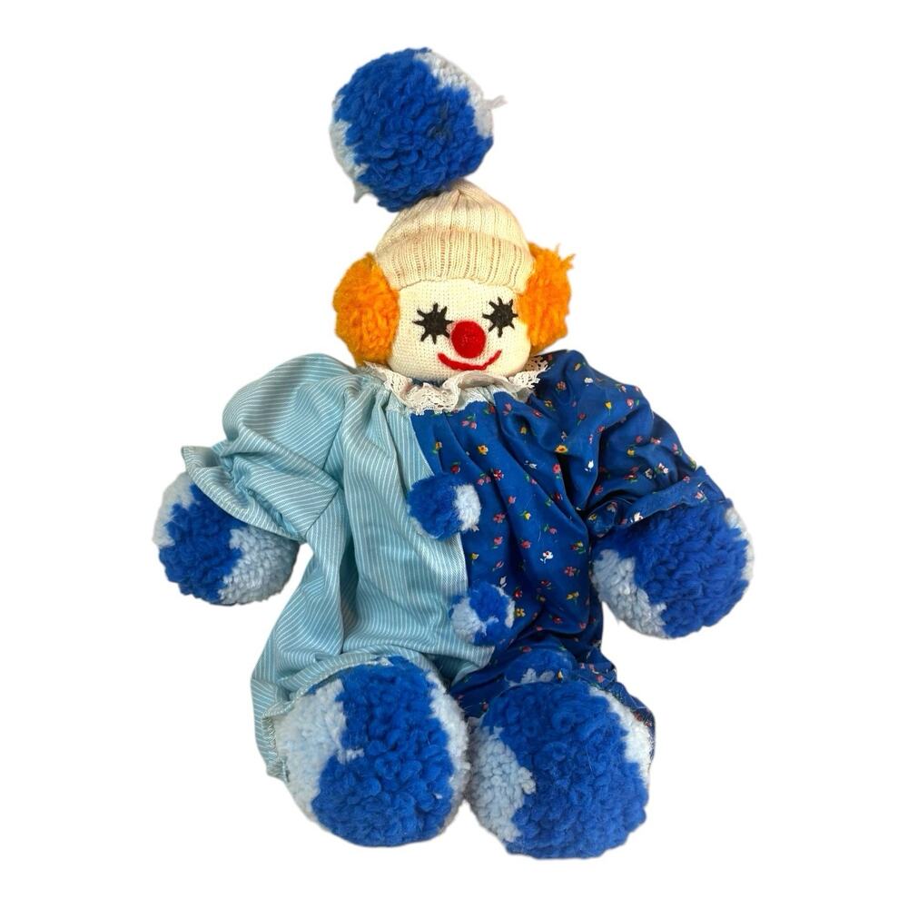 Vintage Handmade Rag Cloth Clown Doll Orange Yarn Hair Blue Stripe Costume Poms